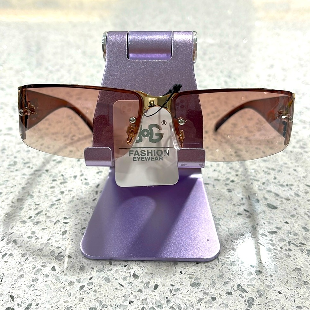 NWT DG FASHION SUNGLASSES WOMENS GOLD BROWN RIMLESS FRAME ROSE LENSES NOSE PADS